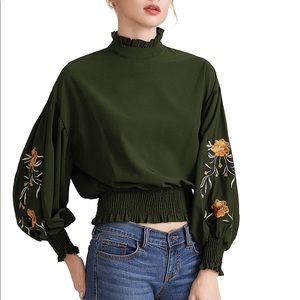 SOLD !!Embroidery Lantern Sleeve Mock Neck Blouse